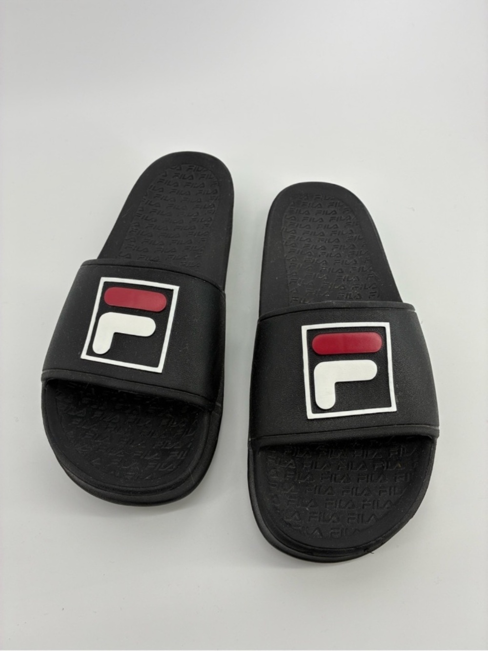 MASSIVE $10 SALE Fila Black Slide Sandals with Red and White Logo Accents